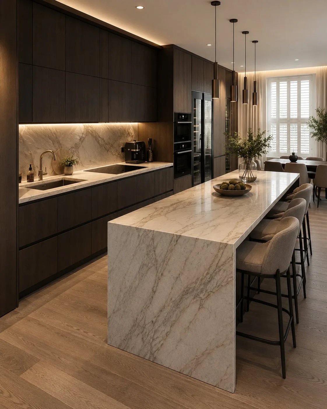 Bespoke dark timber kitchen with marble island and breakfast bar by AKL Joinery