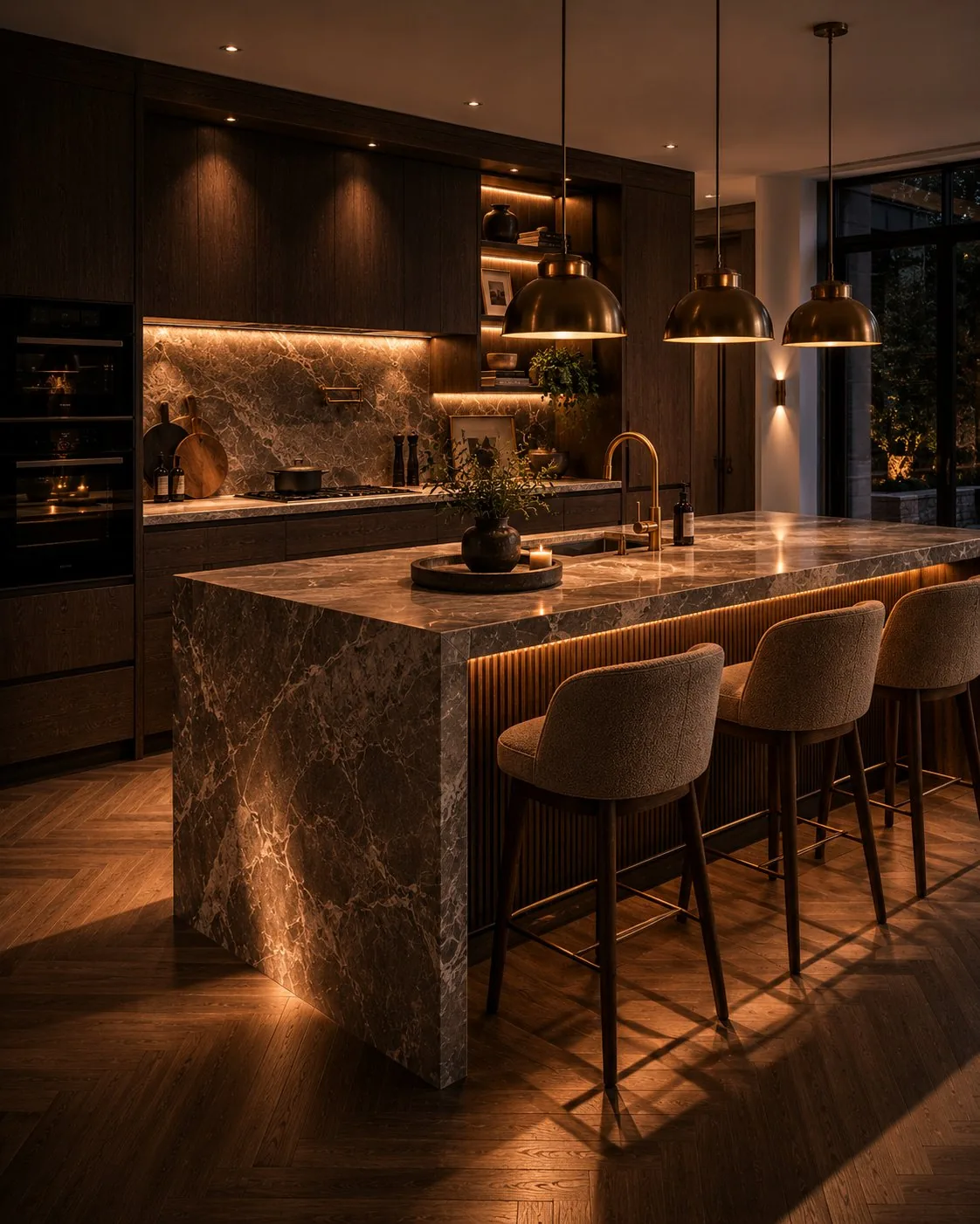 Dark Oak & Marble Island Kitchen — AKL Joinery, Open-plan, North London