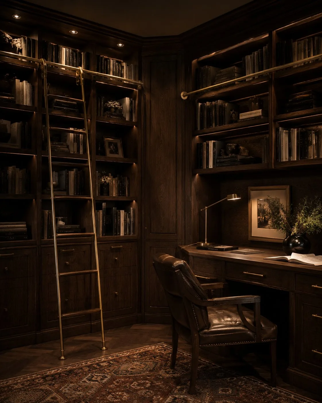 Library with Brass Ladder — AKL Joinery, Study, London